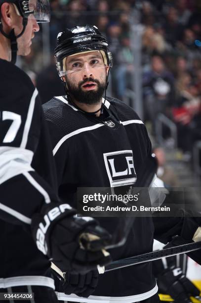 Nate Thompson of the Los Angeles Kings looks on during a game against the New Jersey Devils at STAPLES Center on March 17, 2018 in Los Angeles,...