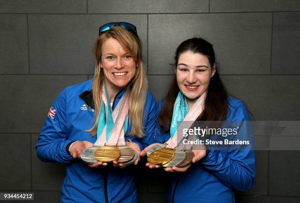 Medaliists Jen Kehoe and Menna Fitzpatrick pose with their respective medals as Team ParalympicsGB arrive back from the PyeongChang 2018 Paralympic...