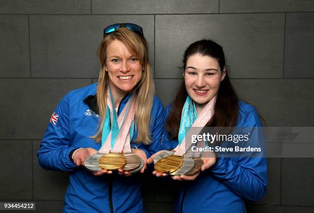 Medaliists Jen Kehoe and Menna Fitzpatrick pose with their respective medals as Team ParalympicsGB arrive back from the PyeongChang 2018 Paralympic...