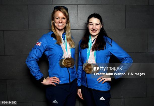 ParalympicsGB's Menna Fitzpatrick and her guide Jennifer Kehoe with their Gold, 2 Silver and Bronze medals as the team arrive at Heathrow Airport,...
