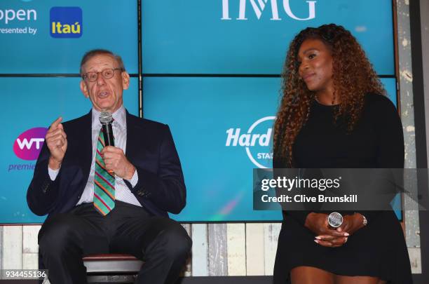 Stephen Ross, Miami Dolphins owner speaks at the press conference watched by Serena Williams of the United States prior to the ground breaking...
