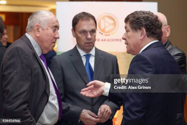 Otto Rehhagel, Holger Osieck and Eckhard Krautzun chat during the Coaching Award Ceremony & Closing Event UEFA Pro Coaching Course 2017/2018 at...