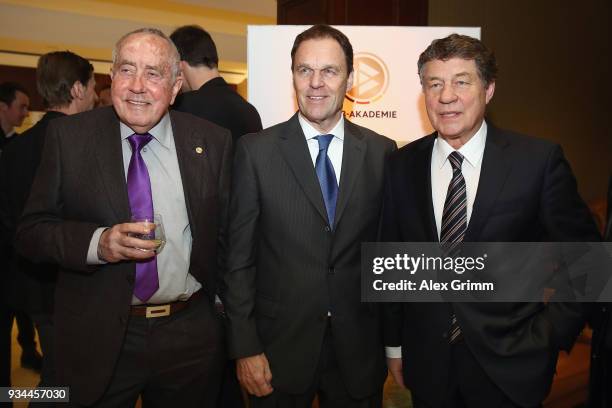 Otto Rehhagel, Holger Osieck and Eckhard Krautzun chat during the Coaching Award Ceremony & Closing Event UEFA Pro Coaching Course 2017/2018 at...