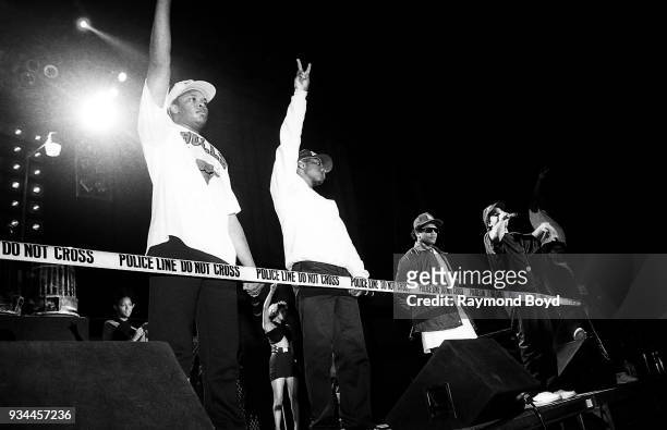 Dr. Dre, MC Ren, Eazy-E and Ice Cube from N.W.A. Performs during the 'Straight Outta Compton' tour at the Genesis Convention Center in Gary, Indiana...