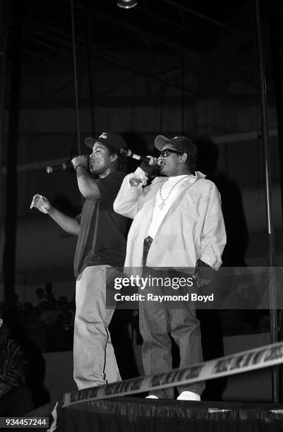 Rappers Ice Cube and Eazy-E from N.W.A. Performs during the 'Straight Outta Compton' tour at the U.I.C. Pavilion in Chicago, Illinois in June 1989.