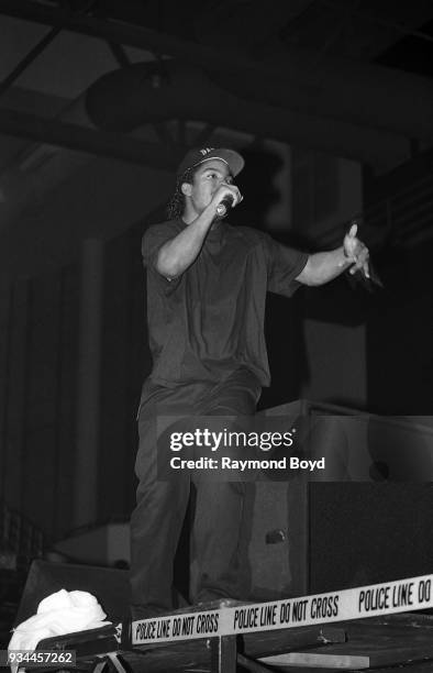Rapper Ice Cube from N.W.A. Performs during the 'Straight Outta Compton' tour at the Genesis Convention Center in Gary, Indiana in July 1989.