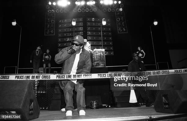 Rapper Eazy-E from N.W.A. Performs during the 'Straight Outta Compton' tour at the Genesis Convention Center in Gary, Indiana in July 1989.