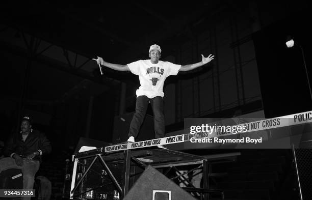 Dr. Dre from N.W.A. Performs during the 'Straight Outta Compton' tour at the Genesis Convention Center in Gary, Indiana in July 1989.