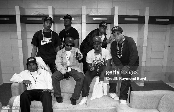 Ice Cube, Eazy-E, MC Ren. DJ Yella , and Dr. Dre, rapper Laylaw from Above The Law and rapper The D.O.C. Poses for photos before their performances...