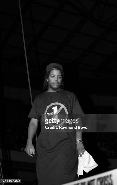 Rapper Ice Cube from N.W.A. Performs during the 'Straight Outta Compton' tour at Kemper Arena in Kansas City, Missouri in June 1989.