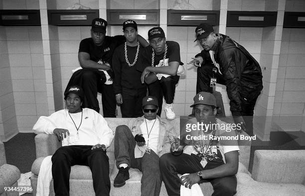 Ice Cube, Eazy-E, MC Ren , and rapper Laylaw from Above The Law, DJ Yella, Dr. Dre and rapper The D.O.C. Poses for photos before their performances...