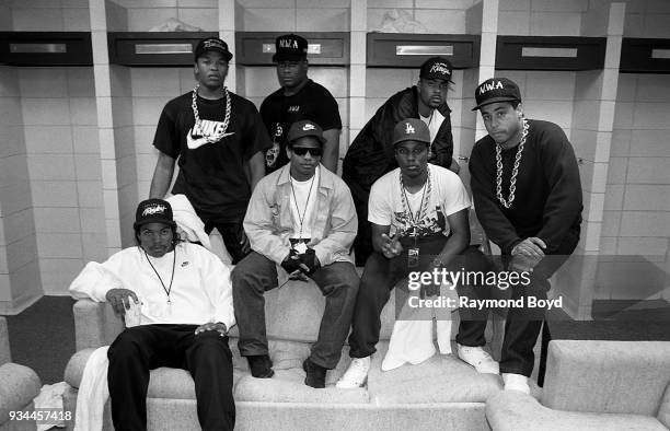 Ice Cube, Eazy-E, MC Ren. DJ Yella , and Dr. Dre, rapper Laylaw from Above The Law and rapper The D.O.C. Poses for photos before their performances...