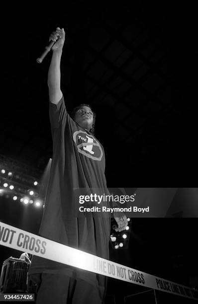 Rapper Ice Cube from N.W.A. Performs during the 'Straight Outta Compton' tour at Kemper Arena in Kansas City, Missouri in June 1989.
