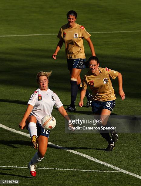 Jenna Kingsley of the Mariners kicks the ball during the round nine W-League match between the Central Coast Mariners and the Newcastle Jets at...