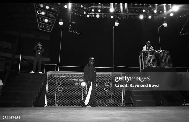 Yella from N.W.A., rapper Laylaw from Above The Law and Dr. Dre from N.W.A. Performs during the 'Straight Outta Compton' tour at Kemper Arena in...