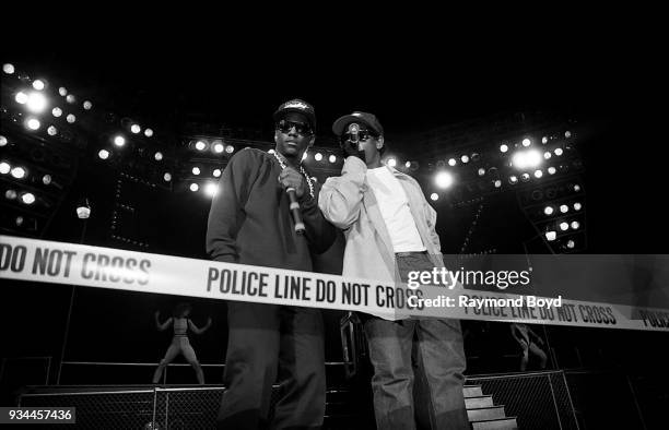 Rappers MC Ren and Eazy-E from N.W.A. Performs during the 'Straight Outta Compton' tour at Kemper Arena in Kansas City, Missouri in June 1989.