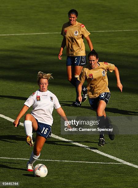 Jenna Kingsley of the Mariners kicks the ball during the round nine W-League match between the Central Coast Mariners and the Newcastle Jets at...