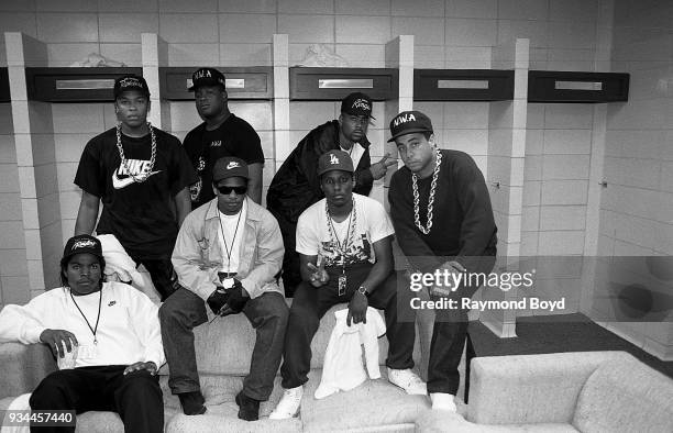 Ice Cube, Eazy-E, MC Ren. DJ Yella , and Dr. Dre, rapper Laylaw from Above The Law and rapper The D.O.C. Poses for photos before their performances...