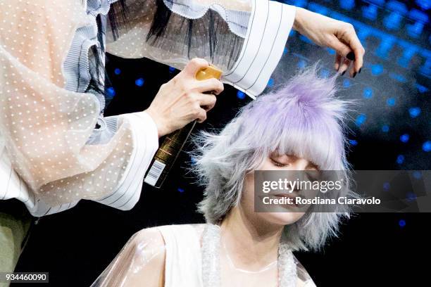 Model is seen during Class Hair Academy Trend Preview Spring - Summer 2018 show during On Hair Collection at BolognaFiere Exhibition Centre on March...