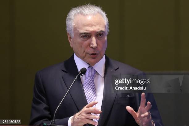 Brazil's President Michel Temer makes a speech during the opening ceremony of the 8th World Water Forum at Itamaraty Palace in Brasilia, Brazil on...