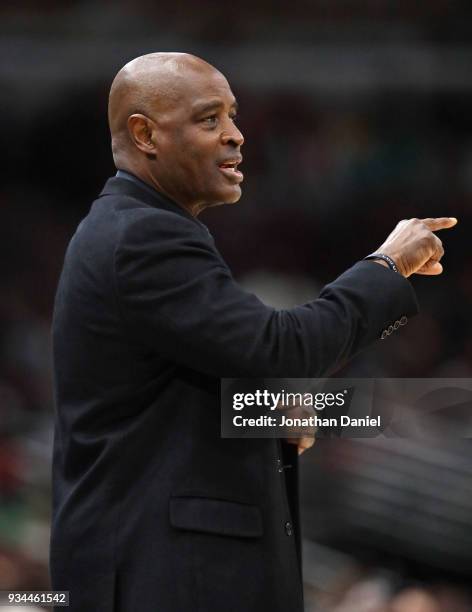 Associate head coach Larry Drew of the Cleveland Cavaliers coaches the second half against the Chicago Bulls at the United Center on March 17, 2018...