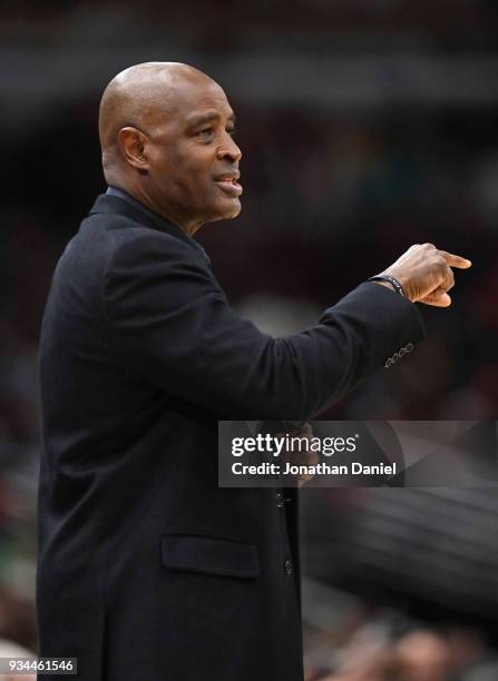 Associate head coach Larry Drew of the Cleveland Cavaliers coaches the second half against the Chicago Bulls at the United Center on March 17, 2018...