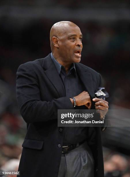 Associate head coach Larry Drew of the Cleveland Cavaliers coaches the second half against the Chicago Bulls at the United Center on March 17, 2018...