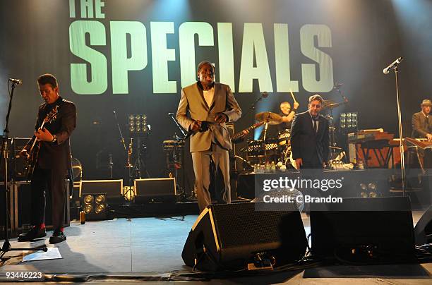 Roddy Byers, Neville Staple, John Bradbury, Terry Hall and Nik Torp of The Specials perform on stage at Hammersmith Apollo on November 25, 2009 in...