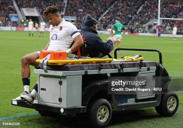 Anthony Watson, of England is carried off the pitch after snapping his achilles during the NatWest Six Nations match between England and Ireland at...