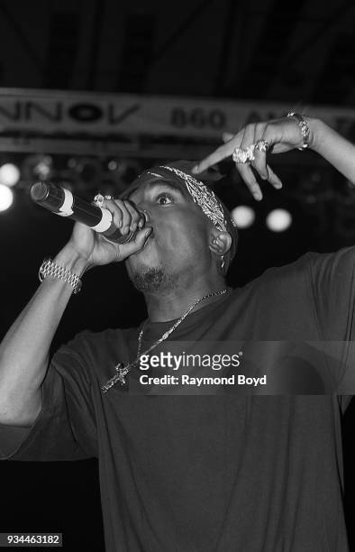 Rapper Tupac Shakur performs at the Mecca Arena in Milwaukee, Wisconsin in September 1994.