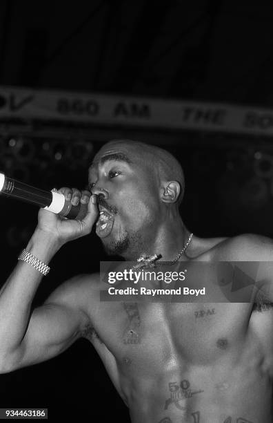 Rapper Tupac Shakur performs at the Mecca Arena in Milwaukee, Wisconsin in September 1994.