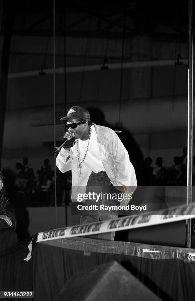 Rapper Eazy-E from N.W.A. Performs during the 'Straight Outta Compton' tour at the U.I.C. Pavilion in Chicago, Illinois in June 1989.