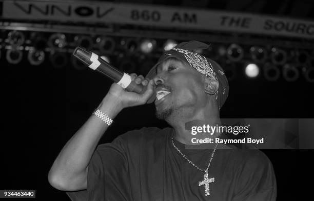 Rapper Tupac Shakur performs at the Mecca Arena in Milwaukee, Wisconsin in September 1994.