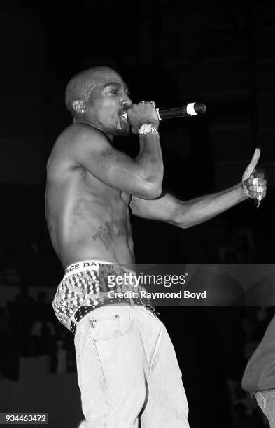 Rapper Tupac Shakur performs at the Mecca Arena in Milwaukee, Wisconsin in September 1994.