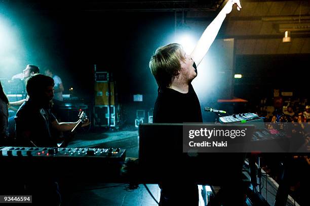 Christopher Dudley of Underoath performs on stage, with laptop computer and keyboards, at Estragon on April 15th, 2009 in Bolgna, Italy. During the...