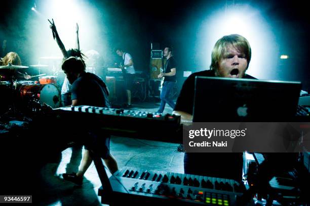 Christopher Dudley of Underoath performs on stage, with laptop computer and keyboards, at Estragon on April 15th, 2009 in Bolgna, Italy. During the...