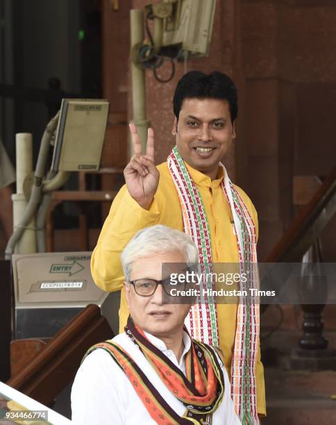 Tripura Chief Minister Biplab Kumar Deb, with Deputy Chief Minister Jishnu Debbarma at Parliament House on March 19, 2018 in New Delhi, India. The...