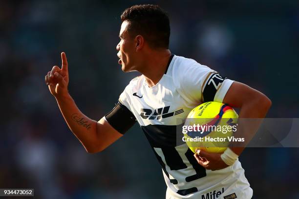 Pablo Barrera of Pumas reacts during the 12tth round match between Cruz Azul and Pumas UNAM as part of the Torneo Clausura 2018 Liga MX at Azul...