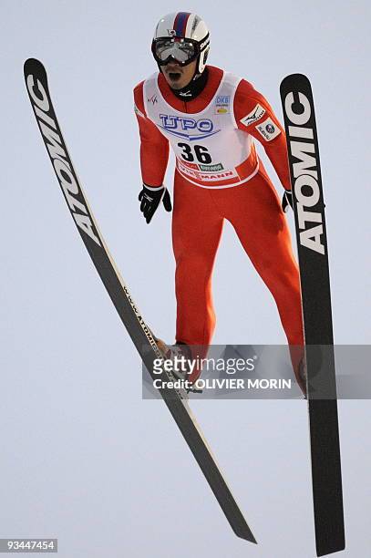 Japan's Daito Takahashi jumps during the provisional round of the nordic combined World Cup on November 27, 2009 in Ruka-Kuusamo, Finland. AFP PHOTO...