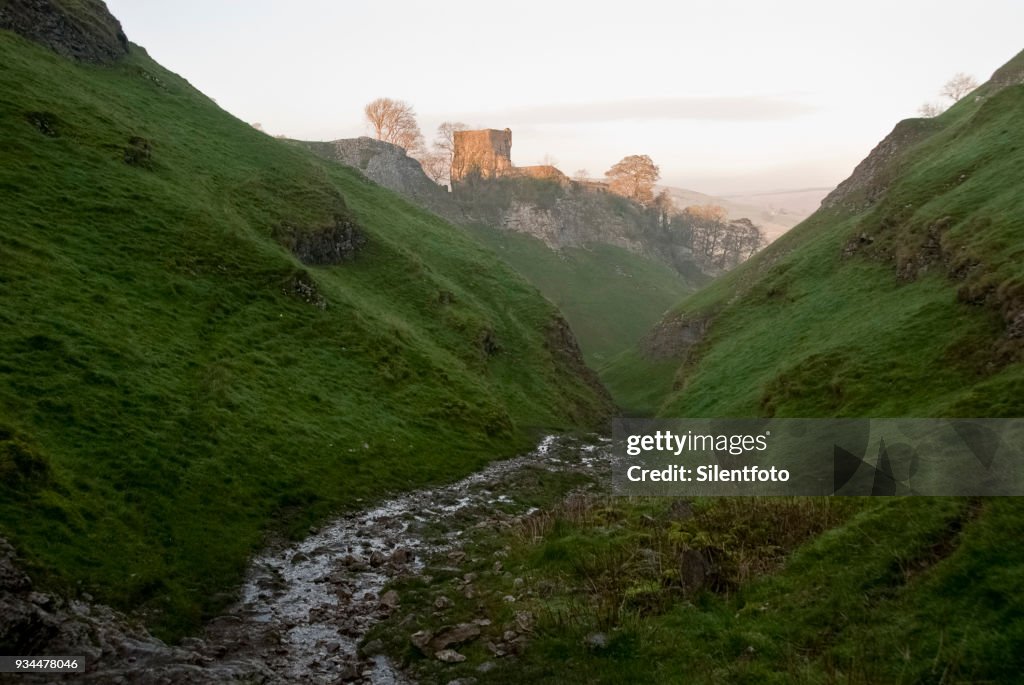 Remains of Peveril Castle from Cavedale, Derbyshire, UK