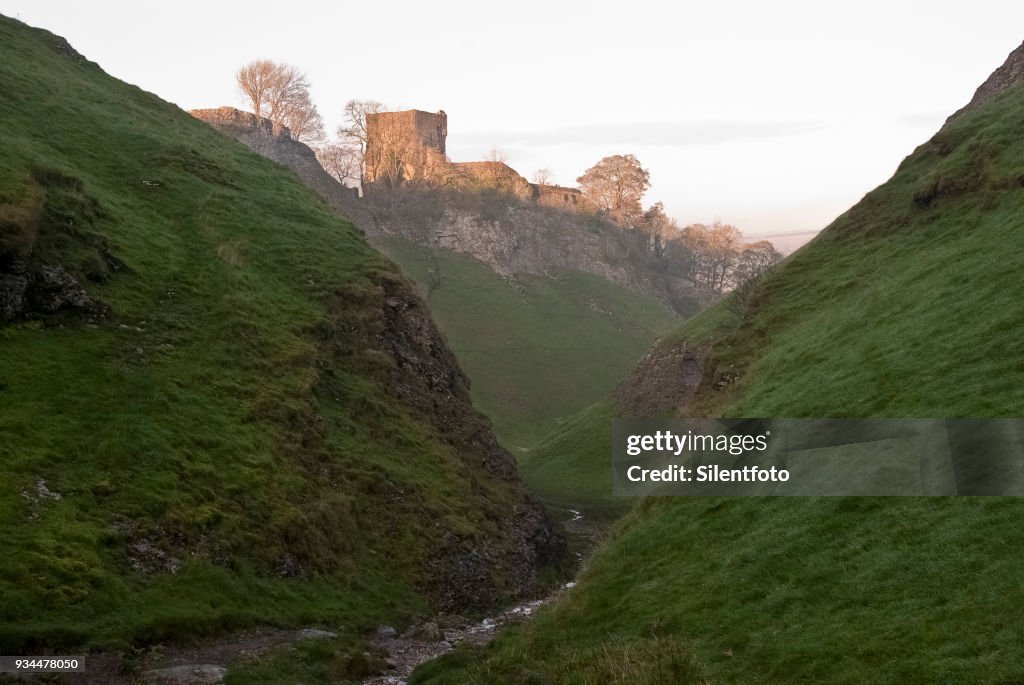 Remains of Peveril Castle from Cavedale, Derbyshire, UK