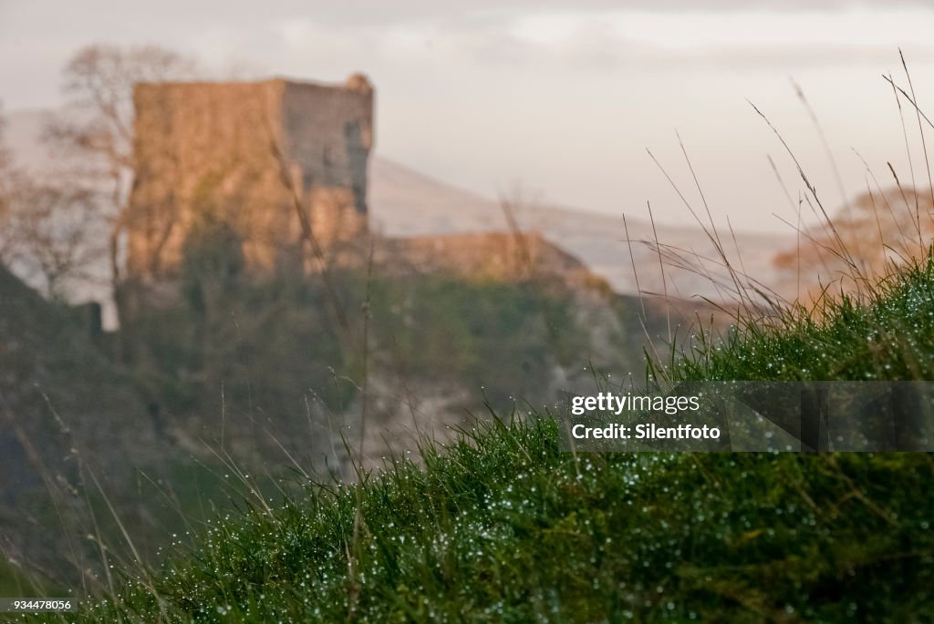 Remains of Peveril Castle from Cavedale, Derbyshire, UK