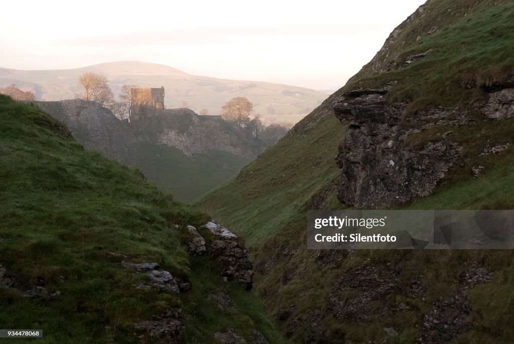 Remains of Peveril Castle from Cavedale, Derbyshire, UK