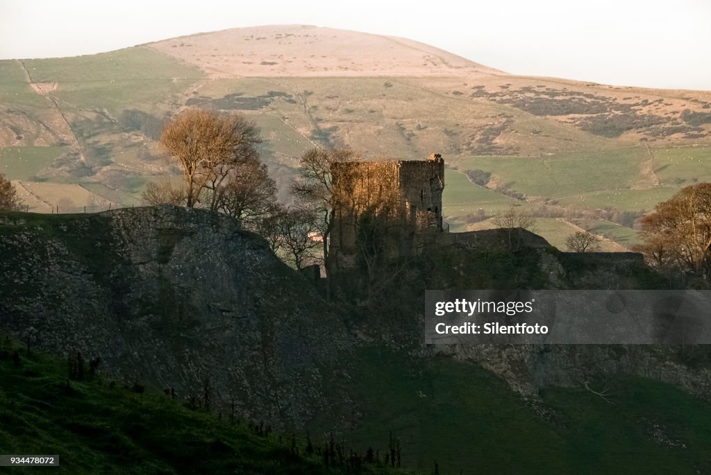 Remains of Peveril Castle from Cavedale, Derbyshire, UK