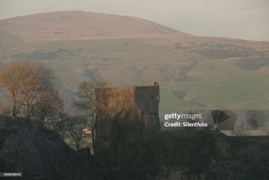 Remains of Peveril Castle from Cavedale, Derbyshire, UK