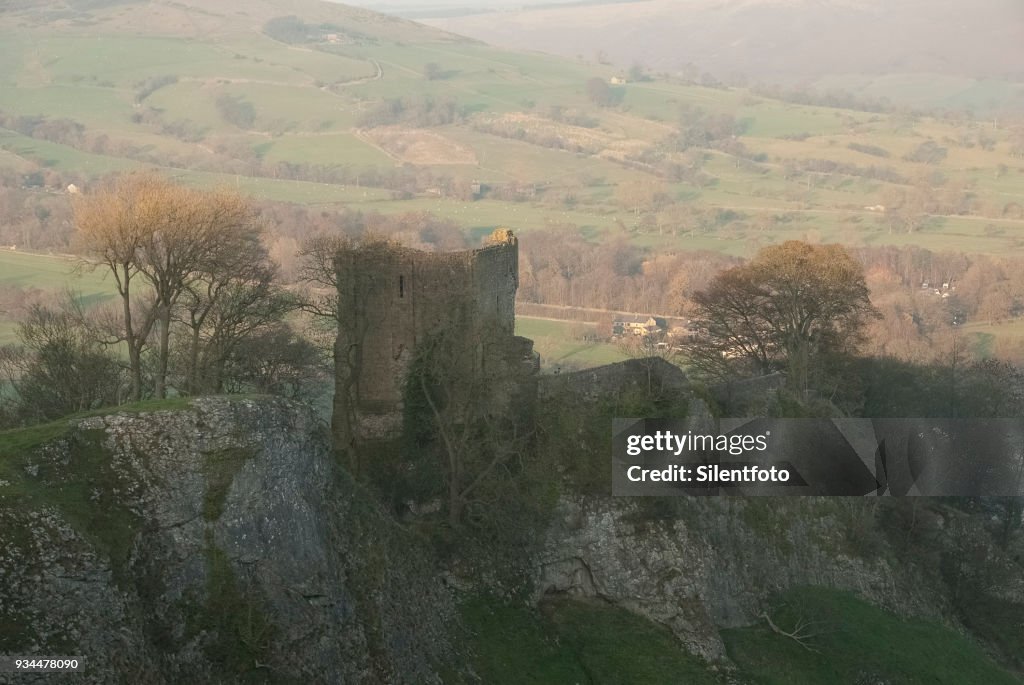 Remains of Peveril Castle from Cavedale, Derbyshire, UK