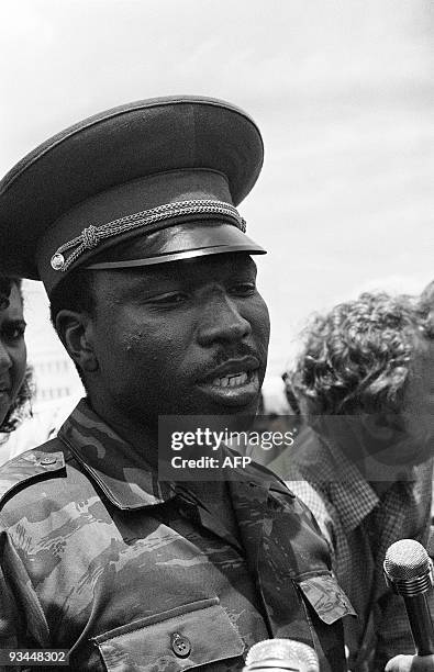 Guerillas major Mafela Lookout Masuku, leader of Zimbabwe People's Revolutionary Army speaks to the press, February 06, 1980 in Rhodesia, prior to...