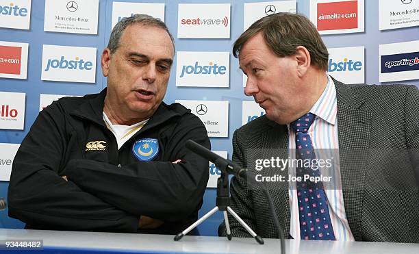 New Portsmouth FC Manager Avram Grant with C.E.O. Peter Storrie attends a Press Conference at their training ground on November 27, 2009 in...