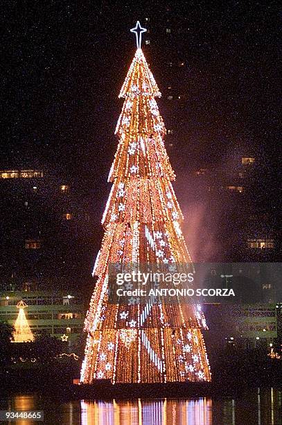 Christmas tree, decorated with thousands of electric lights, floats on the waters of the Rodrigo de Freitas lagoon 05 December in Rio de Janeiro,...