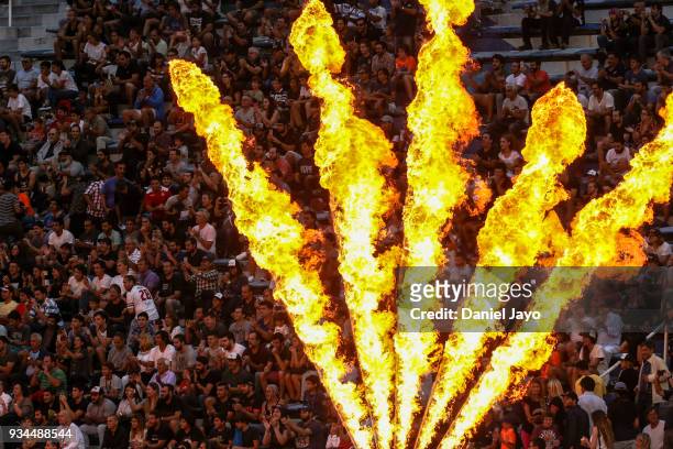 Flames rise as fans cheer before a match between Jaguares and Reds as part of the fifth round of Super Rugby at Jose Amalfitani Stadium on March 17,...